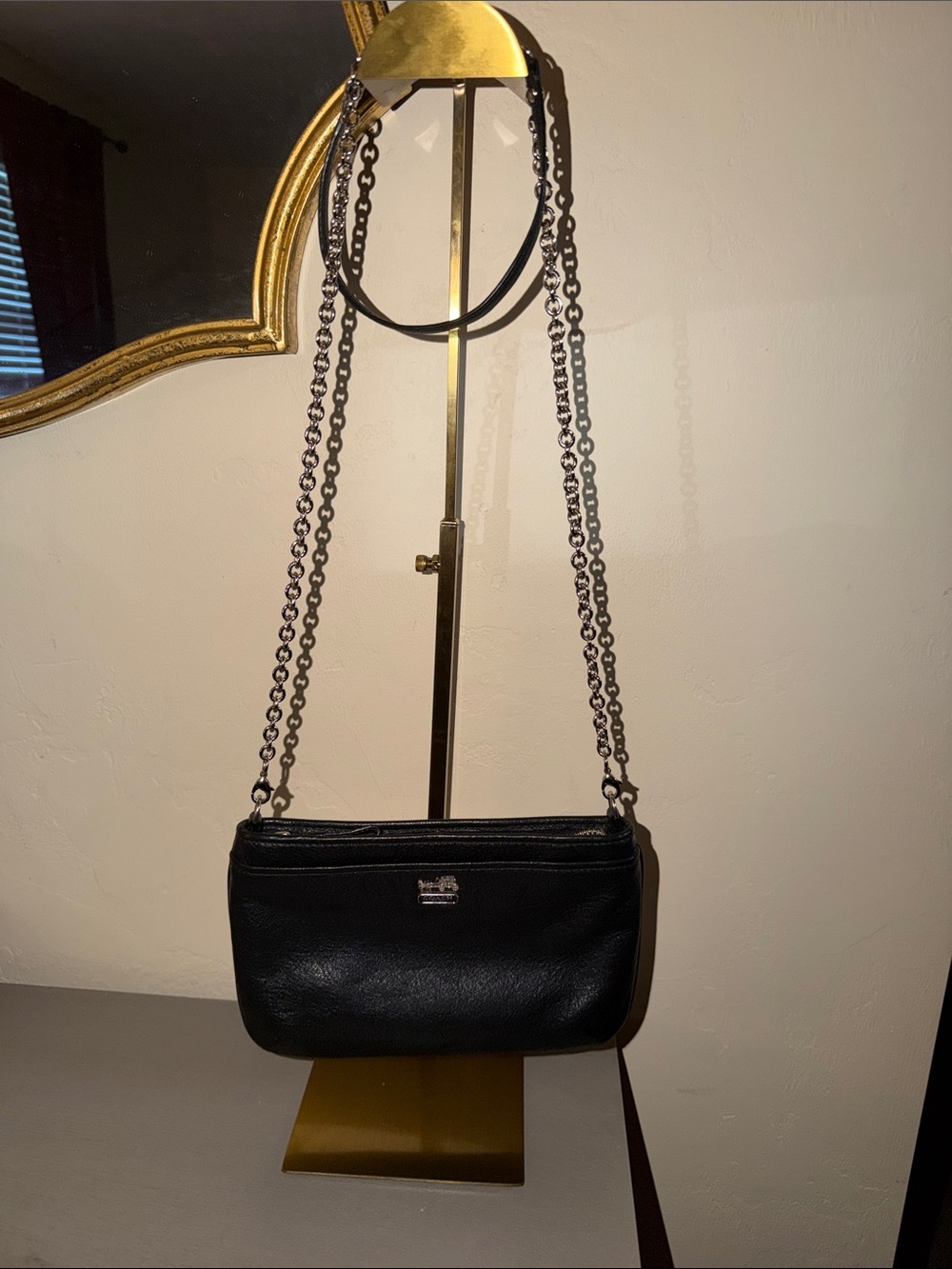 Coach Black Leather Crossbody with Silver Chain Strap